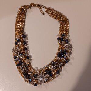 Charming Charlie Gold Three Chain Statement Necklace Stars Blue White Beads